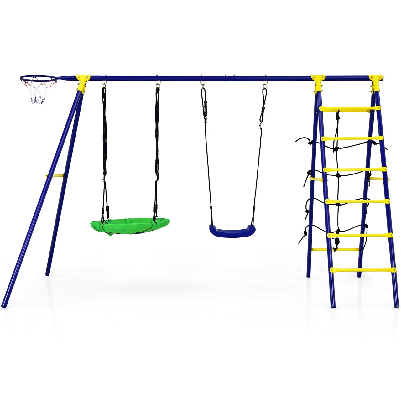 Blue 5-in-1 Outdoor Swing Set with Saucer Swing Climbing Ladder and Basketball Hoop